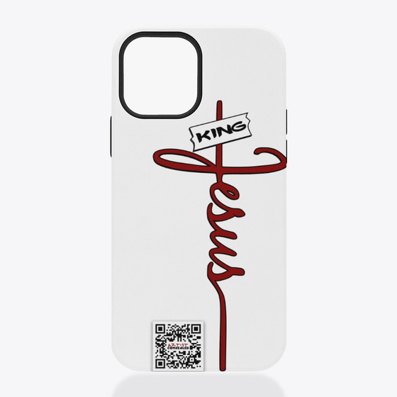 White iPhone case with a red “King Jesus” cross design